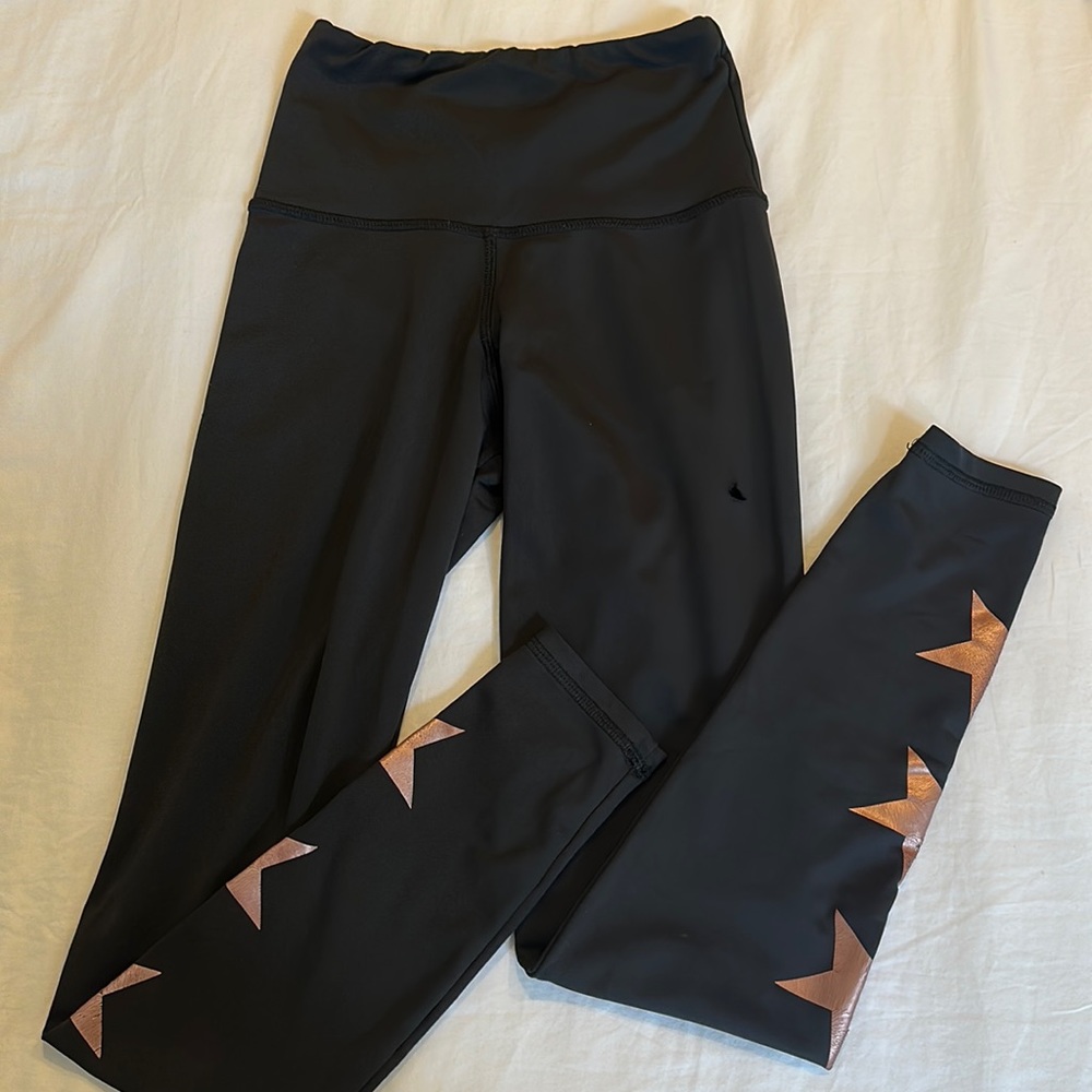 High-Rise Black Leggings with Metallic Rose Gold Star Trim